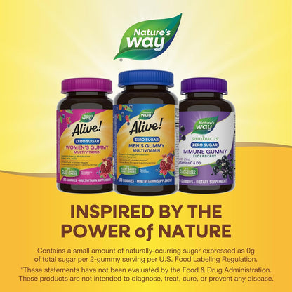 Nature's Way Alive! Zero Sugar Men's Gummy Multivitamins, Energy Metabolism, Muscle Function, B-Vitamins, No Sugar Alcohols, Plant-Based Sweeteners, Peach Flavoured, 80 Gummies