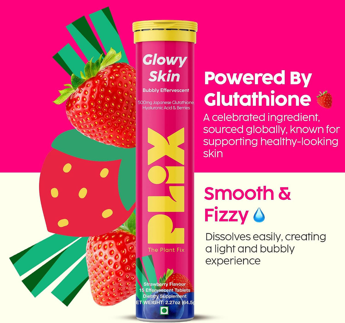 PLIX Glowy Skin Glutathione Effervescent Tablets with Vitamin C, Vitamin E & Hyaluronic Acid – Strawberry Flavour, 15 Tablets - görsel 3
