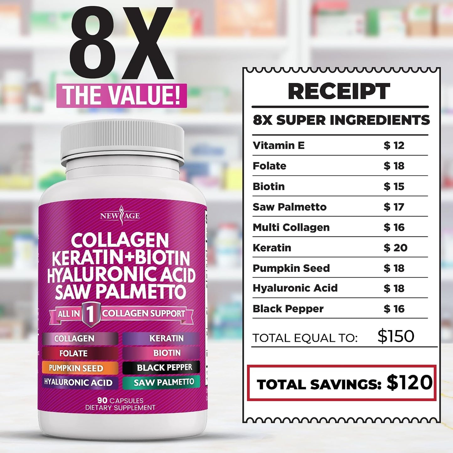 NEW AGE Collagen Capsules with Biotin, Keratin, Saw Palmetto, Hyaluronic Acid, Vitamin E, Folic Acid, Pumpkin Seed, MSM (Pack of 2, 180 Capsules) - görsel 6