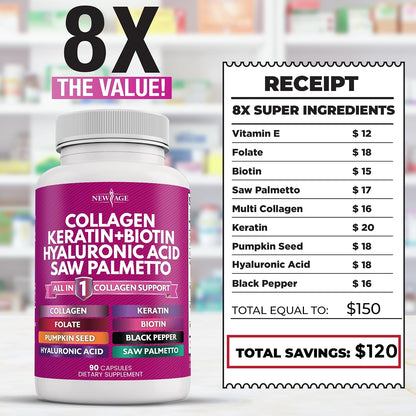 NEW AGE Collagen Capsules with Biotin, Keratin, Saw Palmetto, Hyaluronic Acid, Vitamin E, Folic Acid, Pumpkin Seed, MSM (Pack of 2, 180 Capsules)