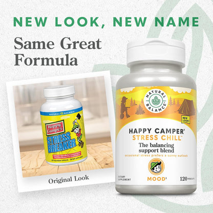 Natural Balance Happy Camper Stress Chill – Balancing Support Herbal Supplement with L-Theanine, Rhodiola Rosea, B Vitamins and Selenium – 120 Veg Caps