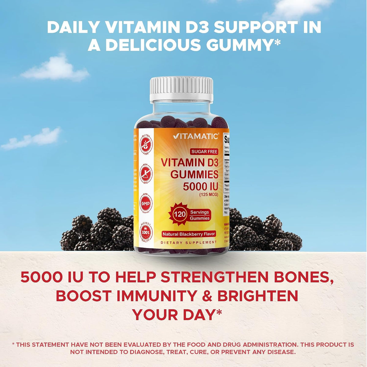 Vitamatic Sugar Free Vitamin D3 5000 IU Gummies – Natural Blackberry Flavour (120 Count) - görsel 6