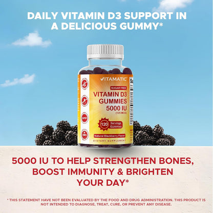 Vitamatic Sugar Free Vitamin D3 5000 IU Gummies – Natural Blackberry Flavour (120 Count)