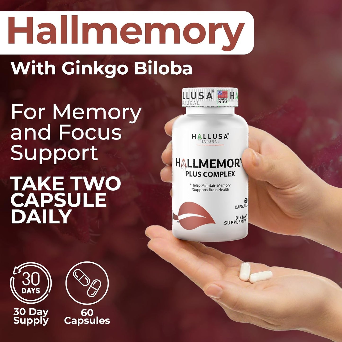 Hallusa Natural Brain Health Supplement - Cognitive Support for Memory and Focus with Ginkgo Biloba, Choline, L-Glutamic Acid and Vitamin B Complex - 60 Capsules - görsel 4