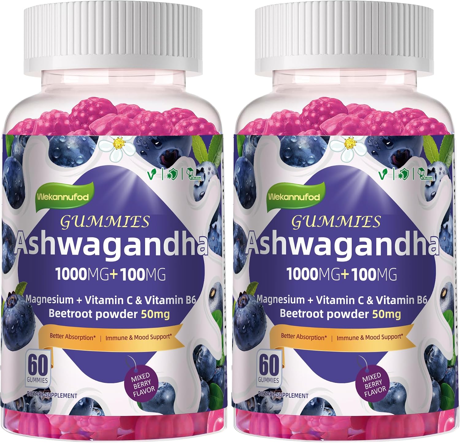 Ashwagandha Gummies 1000mg, 120 Count (2 Pack) – Organic Root Extract, Daily Adaptogen Gummies - görsel 1