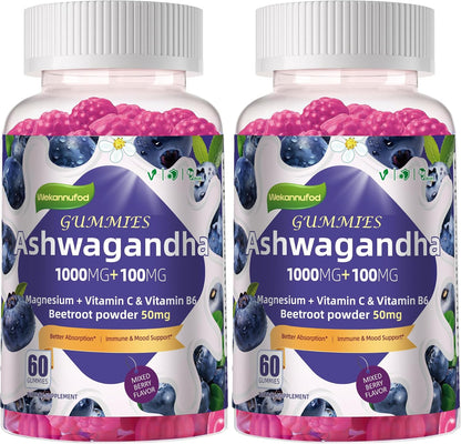 Ashwagandha Gummies 1000mg, 120 Count (2 Pack) – Organic Root Extract, Daily Adaptogen Gummies