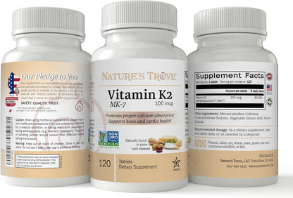 Nature's Trove Vitamin K2 MK7 Supplement, 100mcg, 120 Capsules, Vegan