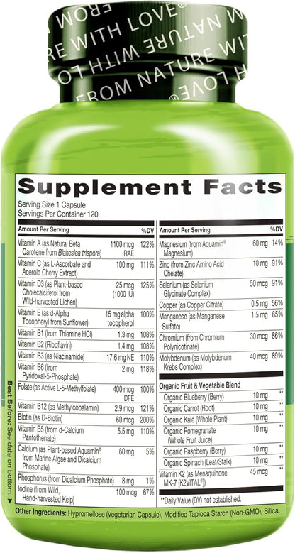 NATURELO Men's Multivitamin for Men 50+ - One Daily Multivitamin with Vitamins, Minerals & Organic Whole Foods, Boosts Energy & Health, Non-GM, 120 Vegetarian Capsules