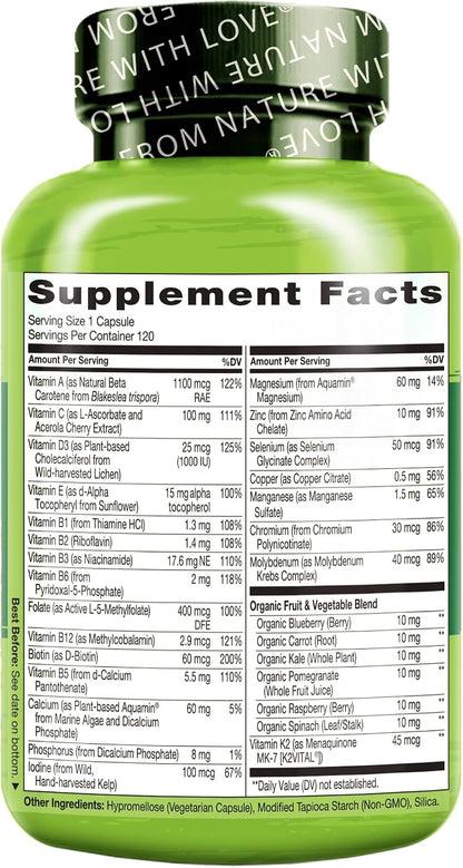 NATURELO Men's Multivitamin 50+ - One Daily Multivitamin with Organic Whole Foods, 120 Capsules
