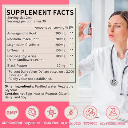 Hudetex Cortisol Supplements for Women Liquid Drops, Cortisol Manager with Ashwagandha, L-theanine, Phosphatidylserine, Rhodiola Rosea for Mood Support, Adrenal Balance, Sleep, Vegan, Natural Flavour, 60 ml
