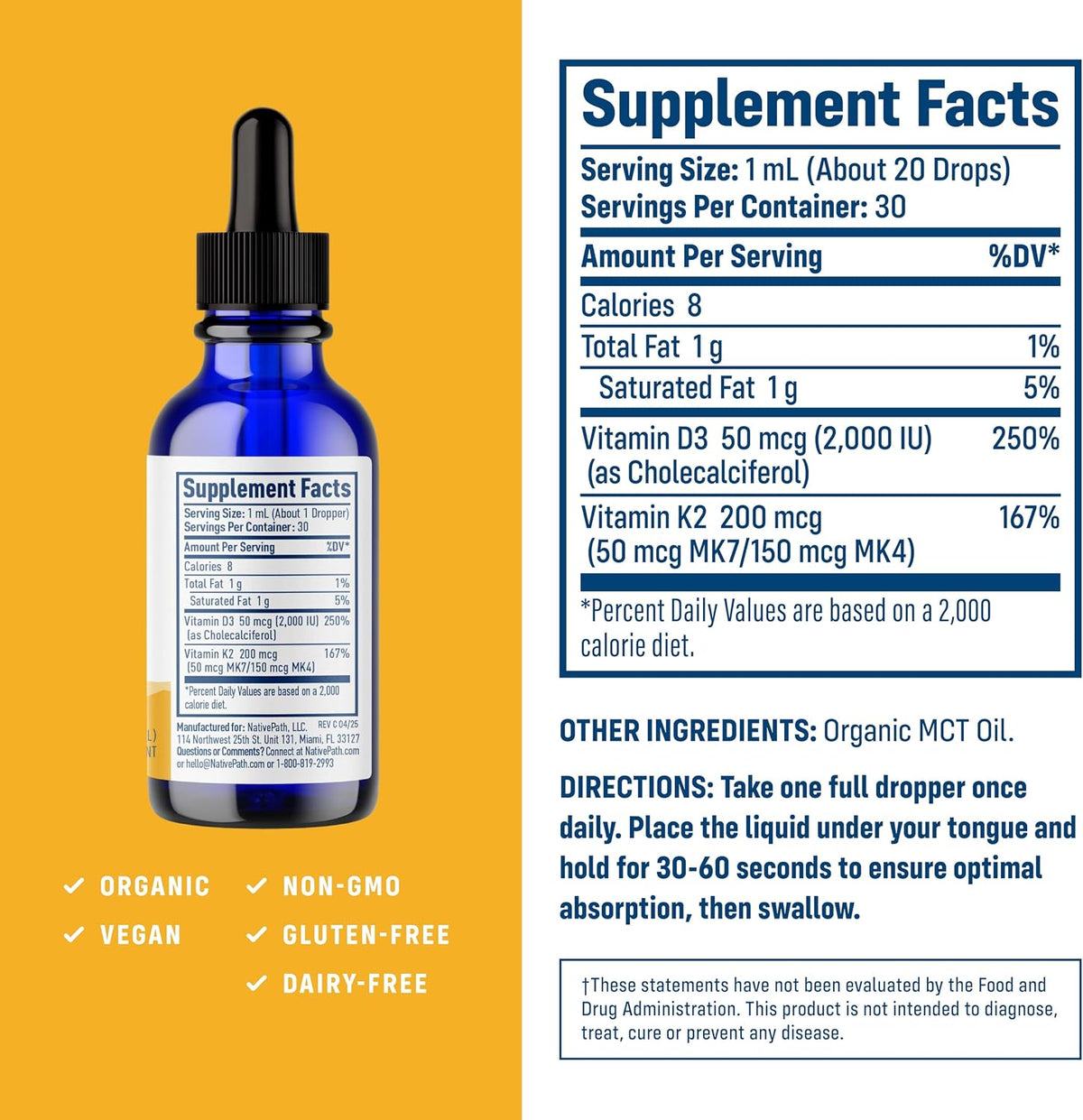 NativePath D3K2 Tincture – Vitamin D3 and K2 with Organic MCT Oil, 30 ml (30 Servings) - görsel 2