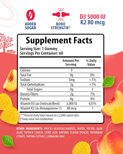 SUNNY SAM Sugar-Free Vitamin D3 K2 Gummies 5000 IU – Immune & Bone Support – 120 Count