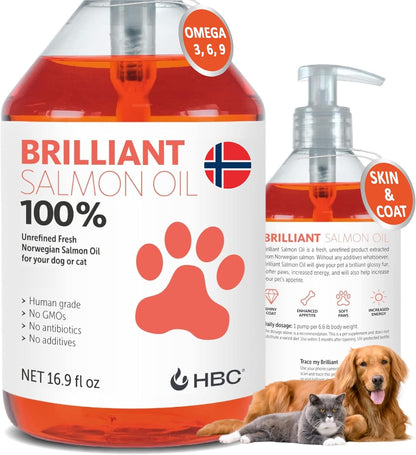 Brilliant Norwegian Salmon Oil for Dogs, Cats, Horses & Ferrets - Pure Omega 3, 6 & 9 Fish Oil Food Supplement for Natural Coat, Immune Support, Itchy Skin, Joint & Brain Health - 2x500 ml