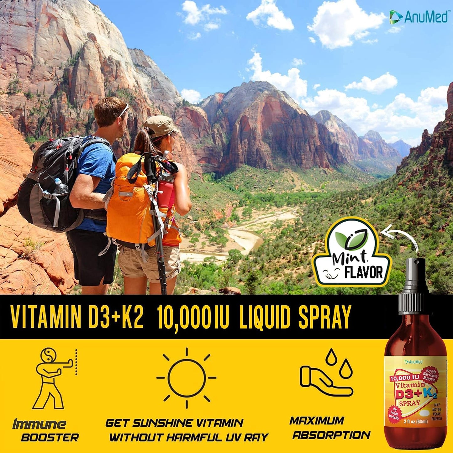 Vitamin D3 K2 10,000 IU Liquid Spray with Organic MCT Oil, Vitamin A & K2 – Vegan, Non-GMO, Gluten-Free (60 ml) - görsel 1