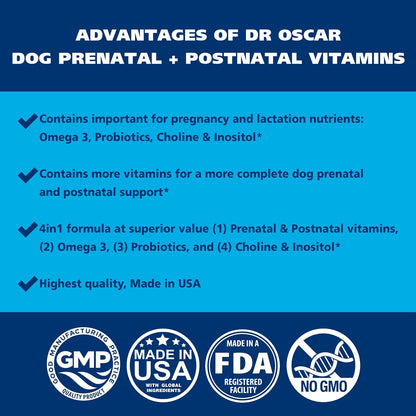 Dr. Oscar Dog Antenatal Vitamins - 2in1 Antenatal & Postnatal with Folic Acid, Omega 3, Probiotics, Choline & Inositol - 90 Tablets