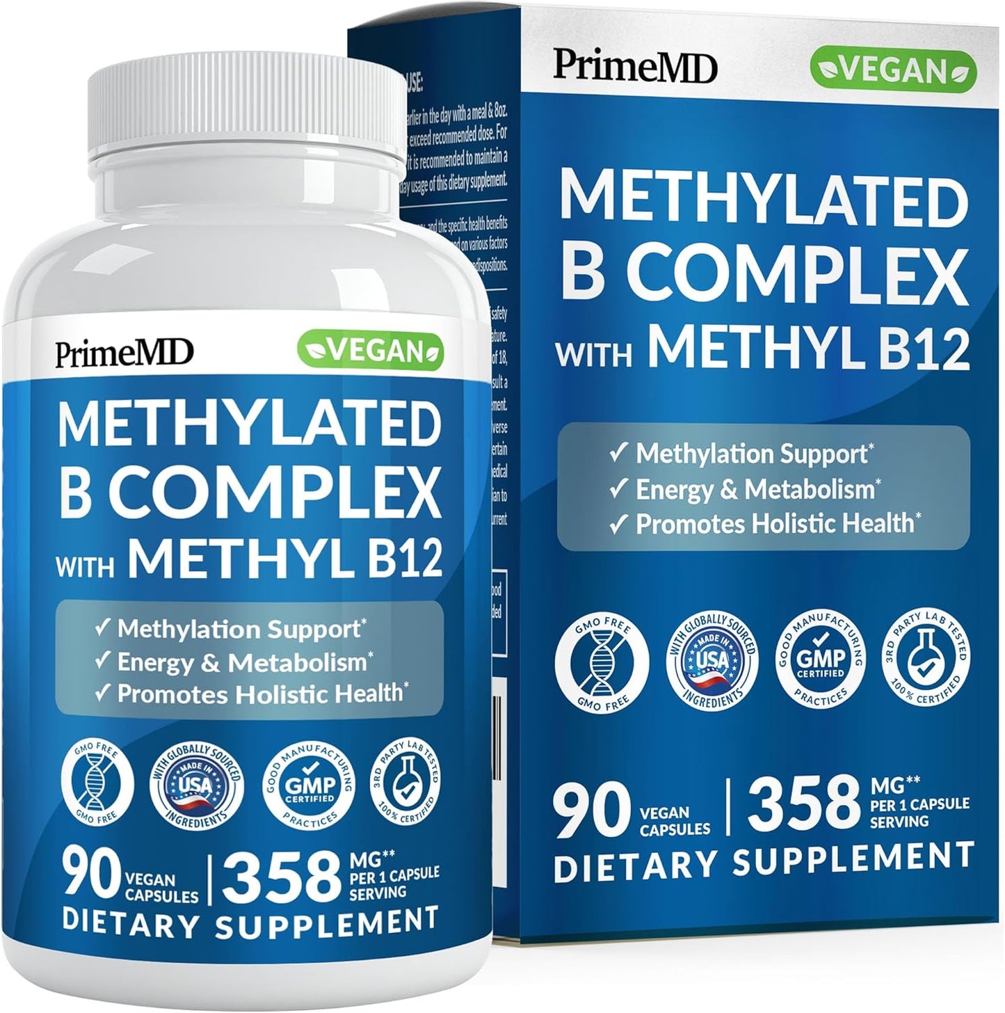 Methylated B Complex with Methylfolate and Vitamin B12 Methylcobalamin 1000 mcg – Methylated Multivitamin for Energy, Brain Function, and Wellness – B Complex Food Supplement for Men & Women (90 Capsules) - görsel 1