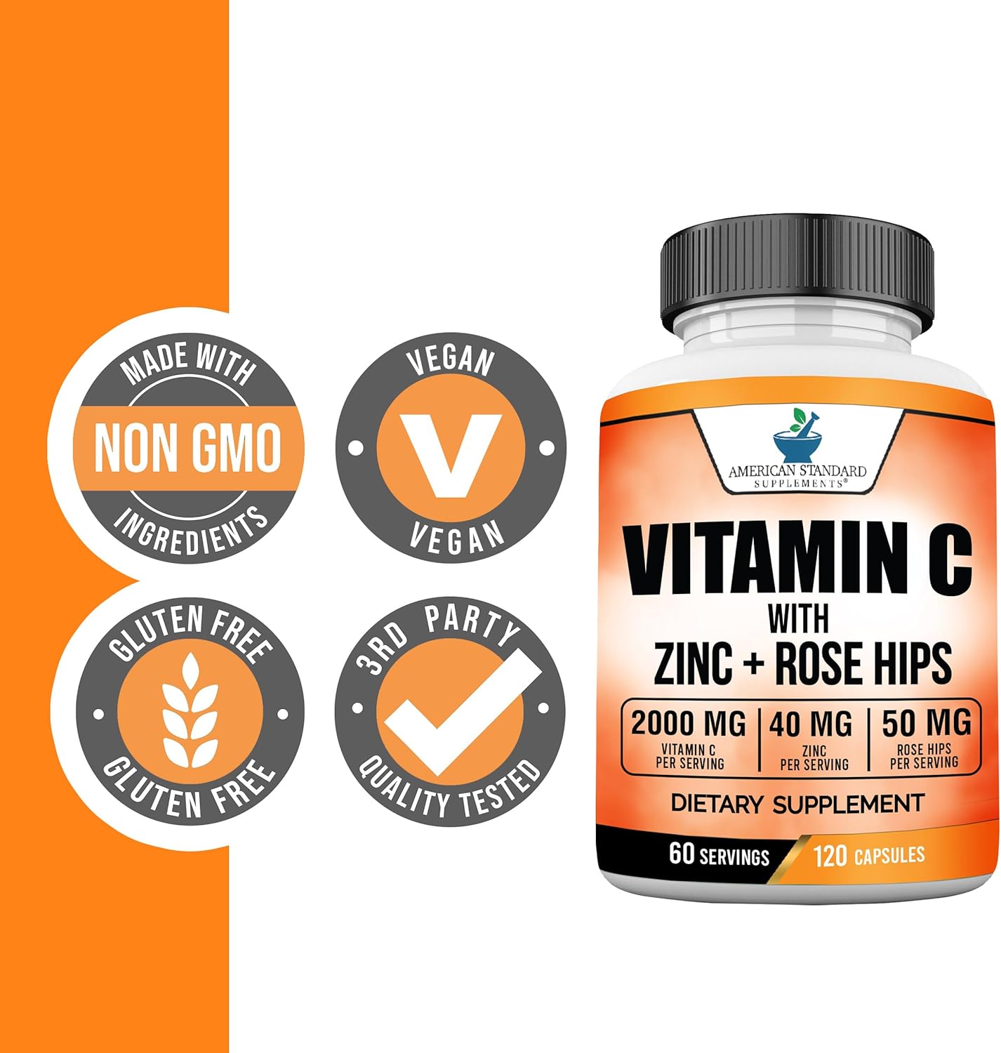 American Standard Supplements Vitamin C 2000mg, Zinc 40mg, and Rose Hips 50mg Per Serving, 120 Capsules - görsel 4