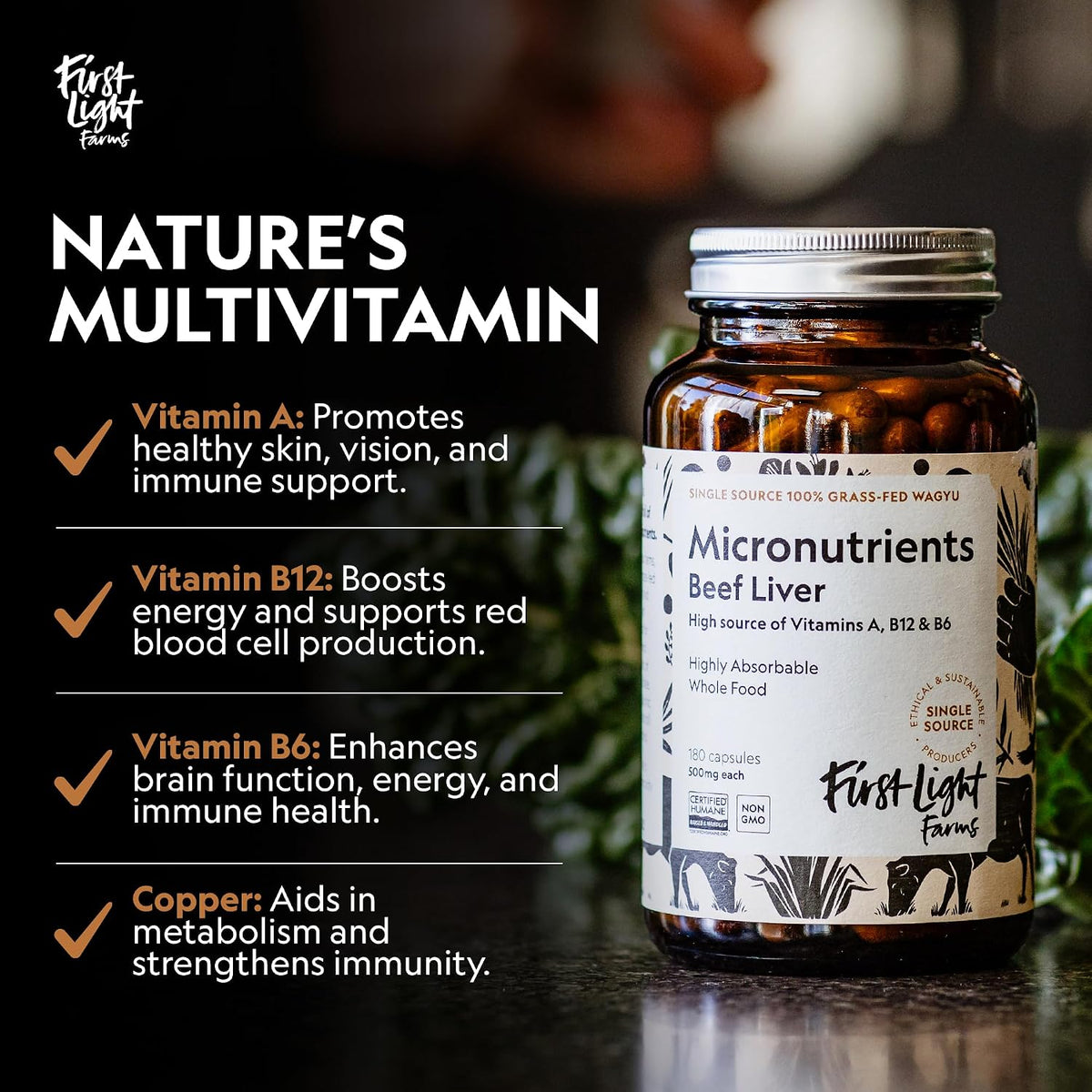 First Light Farms Grass-Fed Beef Liver Capsules - Freeze-Dried, 180 Capsules - görsel 3