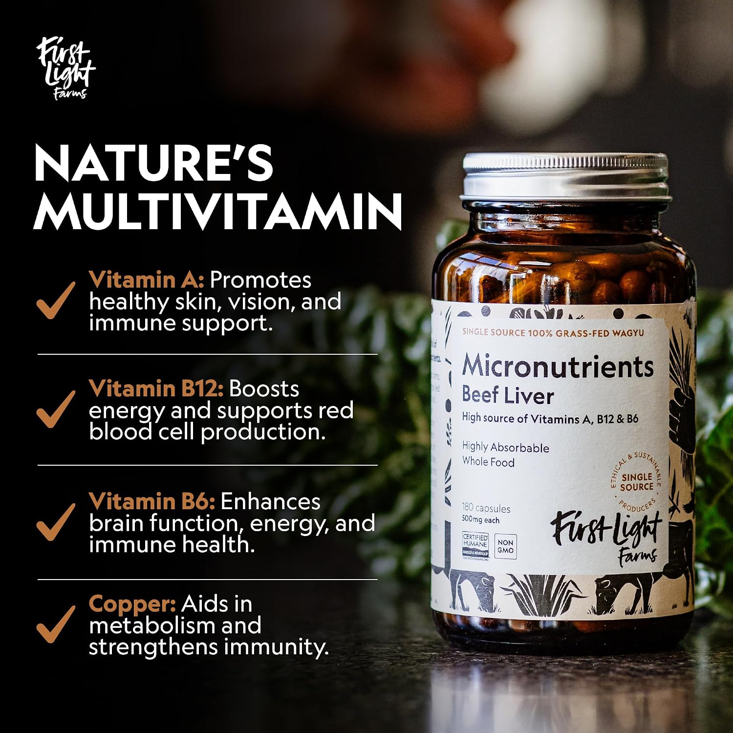 First Light Farms Grass-Fed Beef Liver Capsules - Freeze-Dried, 180 Capsules - görsel 3