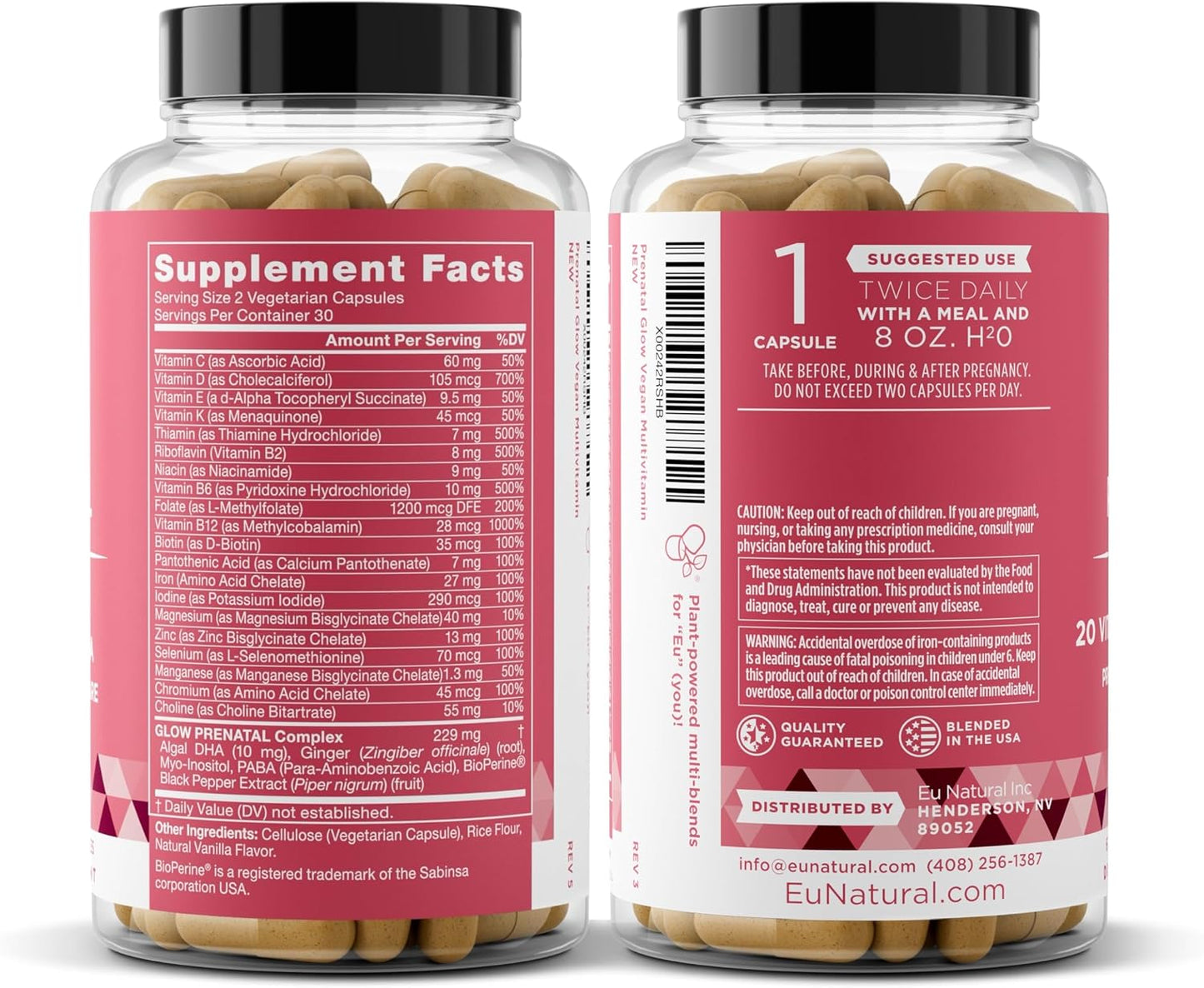 Eu Natural Glow Prenatal Vitamins for Women - 20-in-1 Prenatal Multivitamin with Folate & Vegan DHA - Supports Healthy Pregnancy, Foetal Development & Mum’s Comfort - 120 Vegetarian Capsules - görsel 9
