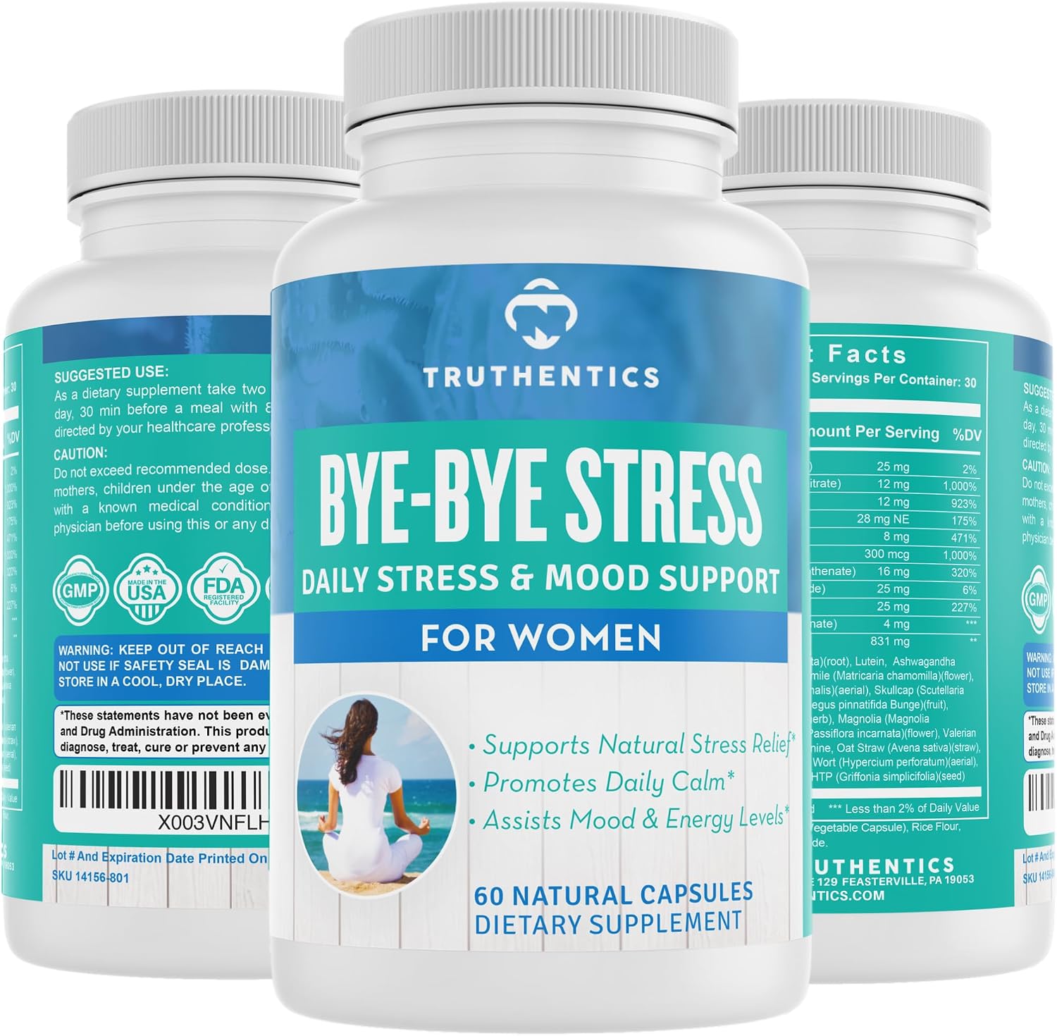 TRUTHENTICS Bye-Bye Stress - Stress & Mood Support Supplement for Women with Ashwagandha, GABA, Lemon Balm, L-Theanine & Vitamin B Complex - Vegan - 60 Capsules - görsel 1