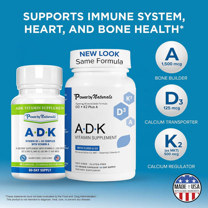 Power By Naturals ADK Vitamin Supplement – Vitamins A, D3 & K2 MK-7 for Bone Health & Calcium Absorption – 120 Capsules (Pack of 2)