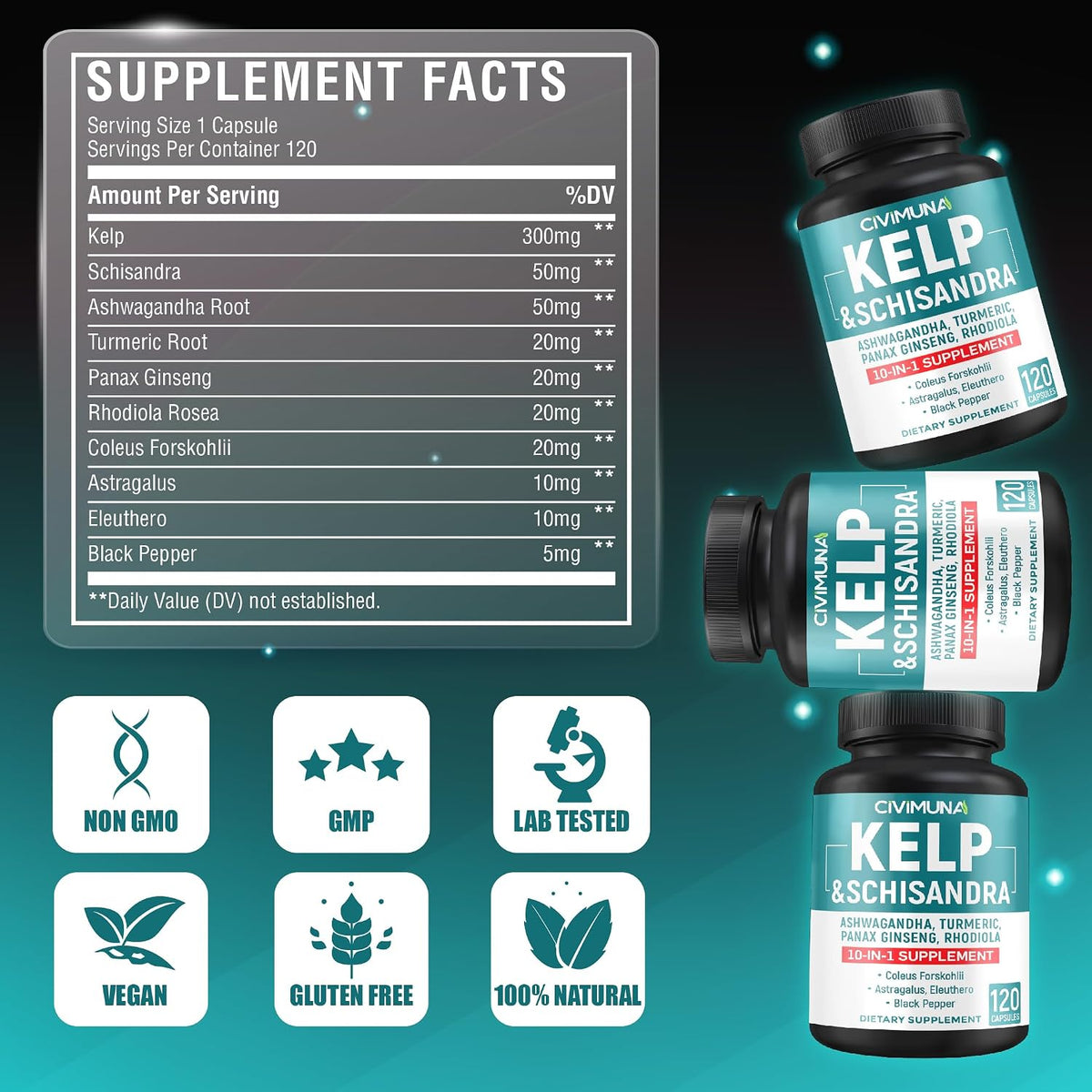 Kelp Extract Capsules with Schisandra, Ashwagandha, Turmeric & More - 120 Capsules - görsel 3