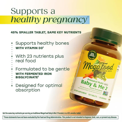 MegaFood Baby & Me 2 Antenatal Multi Minis - Antenatal Vitamins for Women with Choline & Methyl Folate - Gluten-free, Vegetarian, Pre Natal Multivitamin for Women – 120 Minis Tablets, 30 Servings