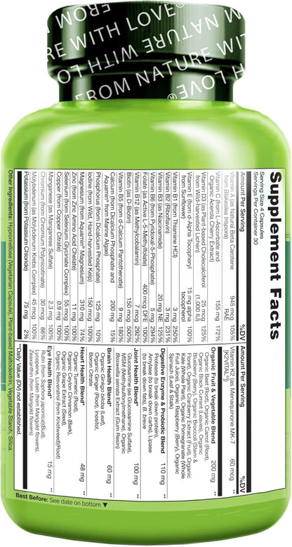 NATURELO Whole Food Multivitamin for Women Over 50 (Iron Free) - 120 Vegan Capsules