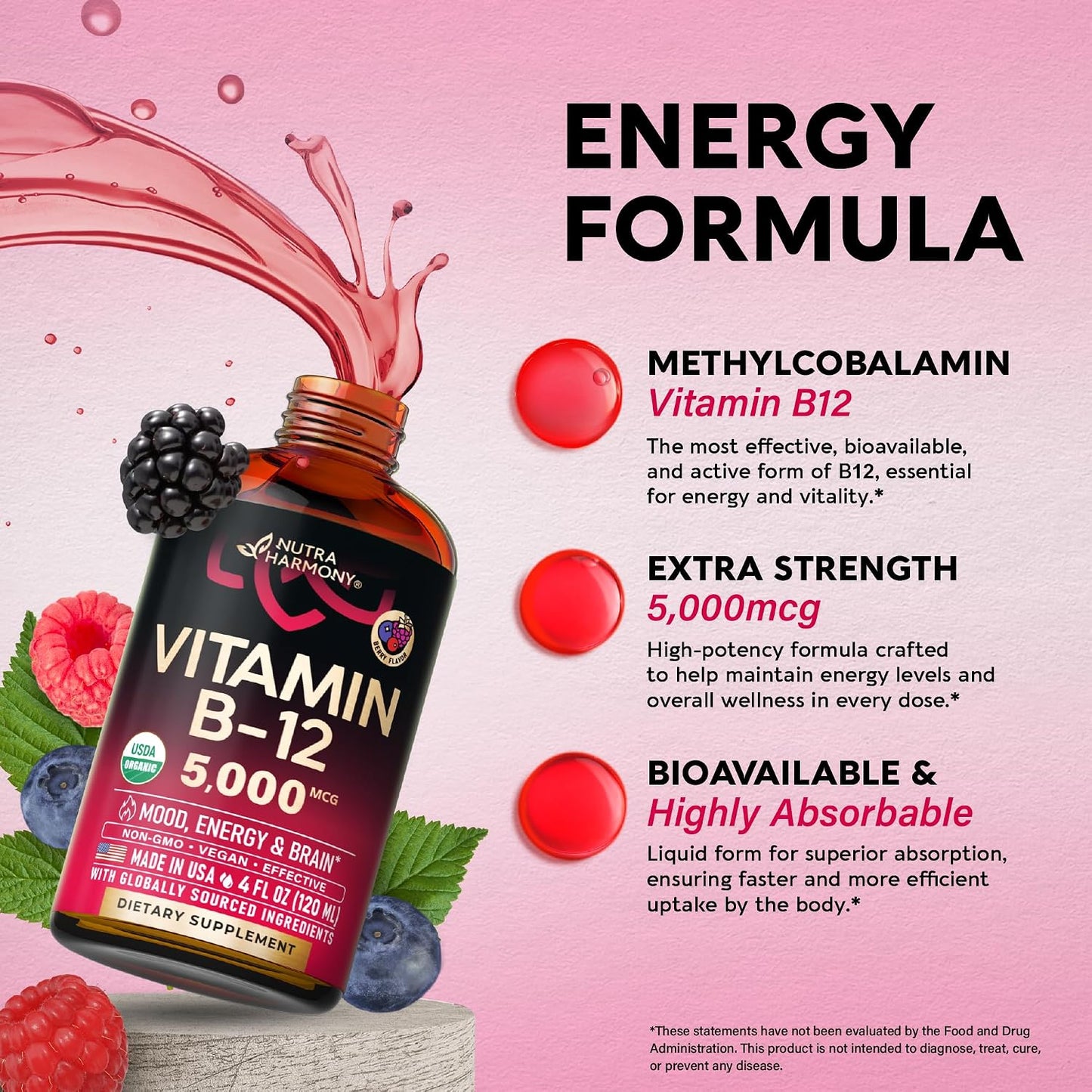 USDA Organic Vitamin B12 Sublingual Drops - 5000mcg Liquid Methylcobalamin for Women & Men - Energy, Focus, Mood & Brain Health - 4 Month Supply - görsel 5