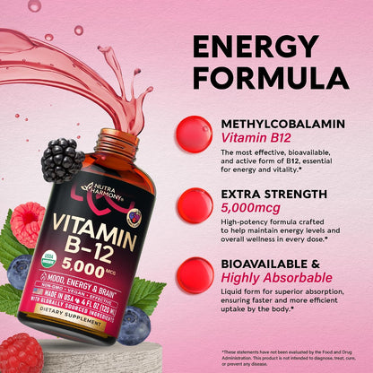 USDA Organic Vitamin B12 Sublingual Drops - 5000mcg Liquid Methylcobalamin for Women & Men - Energy, Focus, Mood & Brain Health - 4 Month Supply