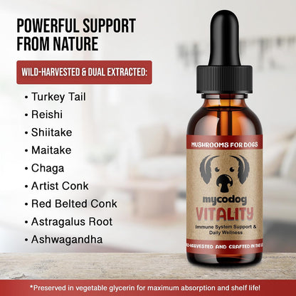 MycoDog Vitality - 20-in-1 Mushroom & Adaptogen Supplement for Dogs - Immune Health, Senior Dogs & Daily Wellness Support - Turkey Tail Mushroom for Dogs, Reishi