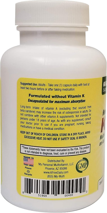 Multivitamin - No Vitamin K - Safe for People on Blood Thinners - 60 Capsules (2 Months Supply)