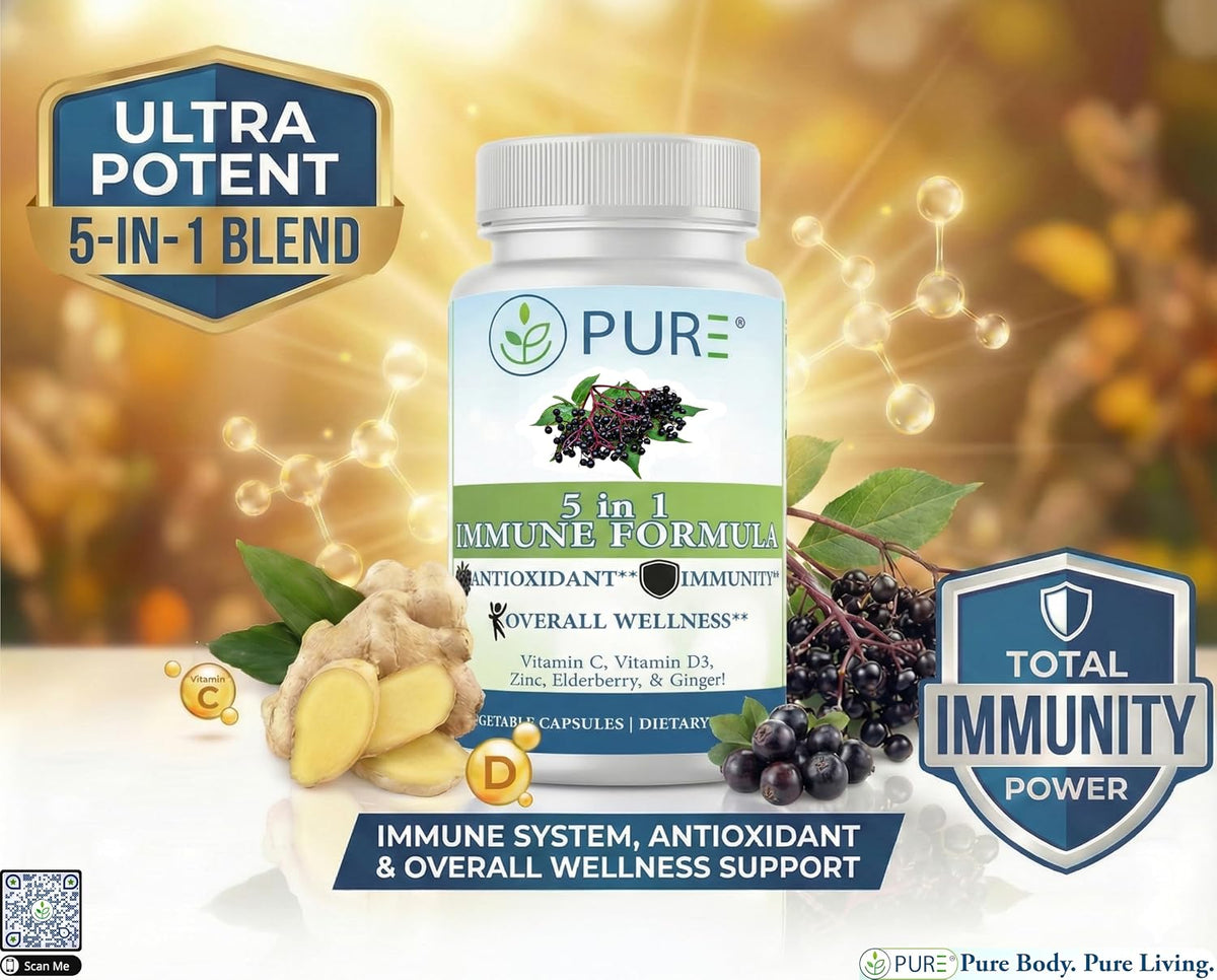 PURE® 5 in 1 Immune Formula - 120 Capsules - Black Elderberry, Vitamin C, D3, Zinc & Ginger Root - görsel 2