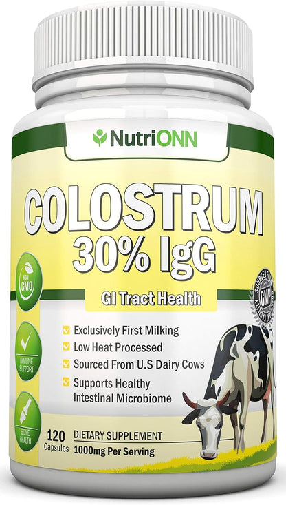 NutriONN Colostrum 1000mg - 120 Capsules | 30% IgG | Non-GMO | First Milking Bovine Colostrum