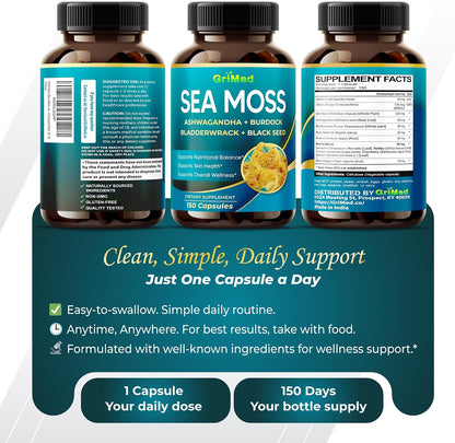 Premium Sea Moss with Ashwagandha, Burdock, Bladderwrack, and Black Seed – Immune, Digestive & Energy Support (150 Capsules)