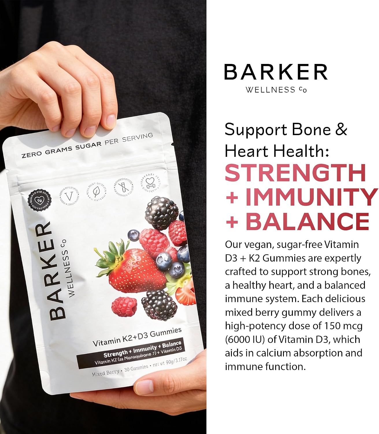 Barker Wellness D3 K2 Vitamin Gummies – Max Potency: 6000 IU D3 + 200 mcg K2 for Strong Bones, Heart Health and Immune Support | Vegan, Sugar-Free, Delicious Mixed Berry Flavour | 30 Servings - görsel 5