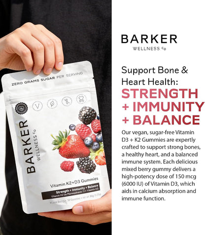Barker Wellness D3 K2 Vitamin Gummies – Max Potency: 6000 IU D3 + 200 mcg K2 for Strong Bones, Heart Health and Immune Support | Vegan, Sugar-Free, Delicious Mixed Berry Flavour | 30 Servings