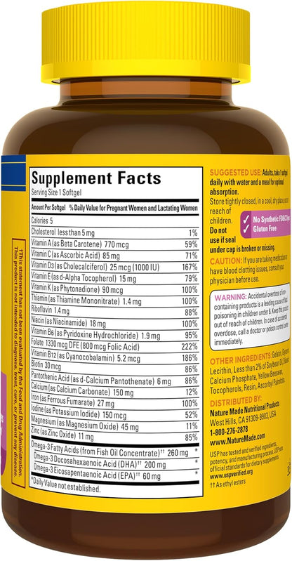 Nature Made Prenatal Vitamins with Folic Acid + DHA, 110 Softgels