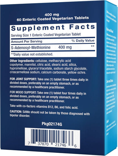 Life Extension SAMe 400 mg - S-Adenosyl-Methionine Supplement for Mood, Joint and Liver Support, 60 Enteric-Coated Tablets