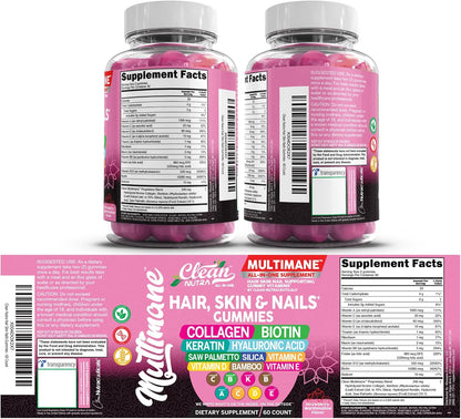 Clean Nutraceuticals Biotin Collagen Keratin Gummies | Hair, Skin and Nails Vitamins for Women | Hyaluronic Acid Bamboo Vitamin A C D3 E Folate with Saw Palmetto Silica B3 B12 Vegan Gummy