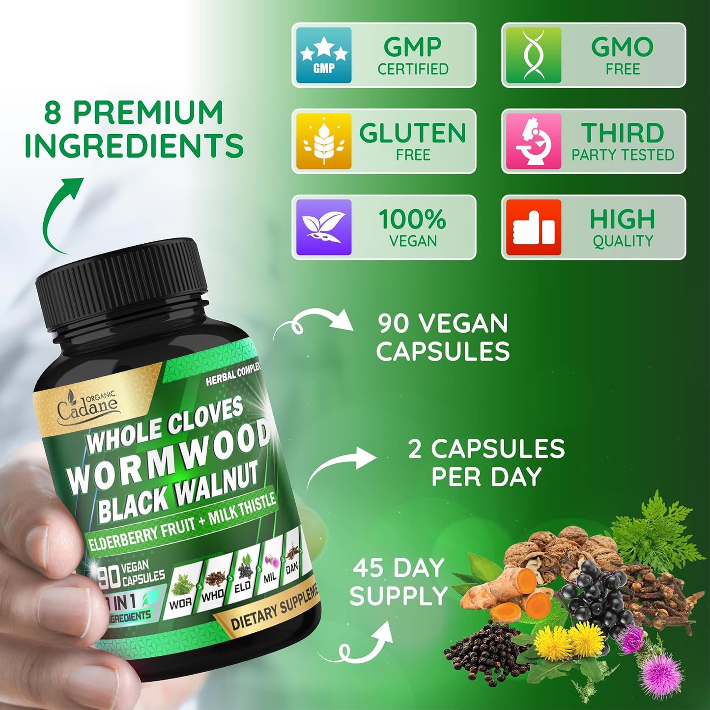 Organic Cadane Wormwood Cloves Black Walnut – Herbal Digestive Support Supplement, 90 Capsules - görsel 3