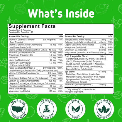 Herbtonics Whole Food Teen Vitamins – Multivitamin for Boys &amp; Girls Ages 12–18 – Energy, Focus &amp; Immune Support – 60 Capsules