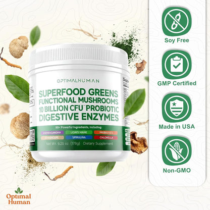 Optimum Human Superfood Greens Powder – 90+ Ingredient Blend with Lion’s Mane, Ashwagandha & Turmeric – Non-GMO, Soya-Free, Mushroom Supplements for Women – 178 g