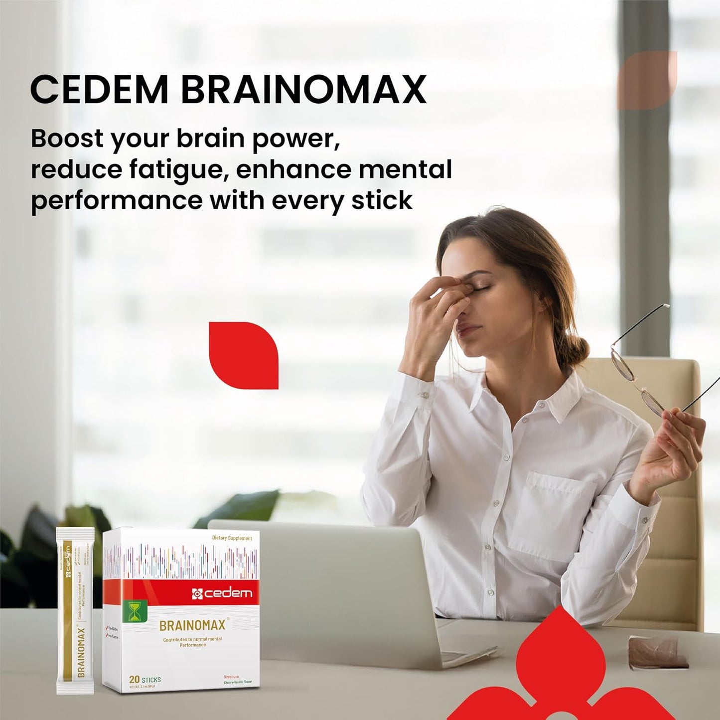 CEDEM Switzerland BRAINOMAX 20 Powder Sticks, Brain Booster Supplement, Cherry-Vanilla Flavour with Citicoline, N-Acetyl-L-Carnitine, Nootropic Brain Supplements for Memory and Focus, Cognitive Support - görsel 4