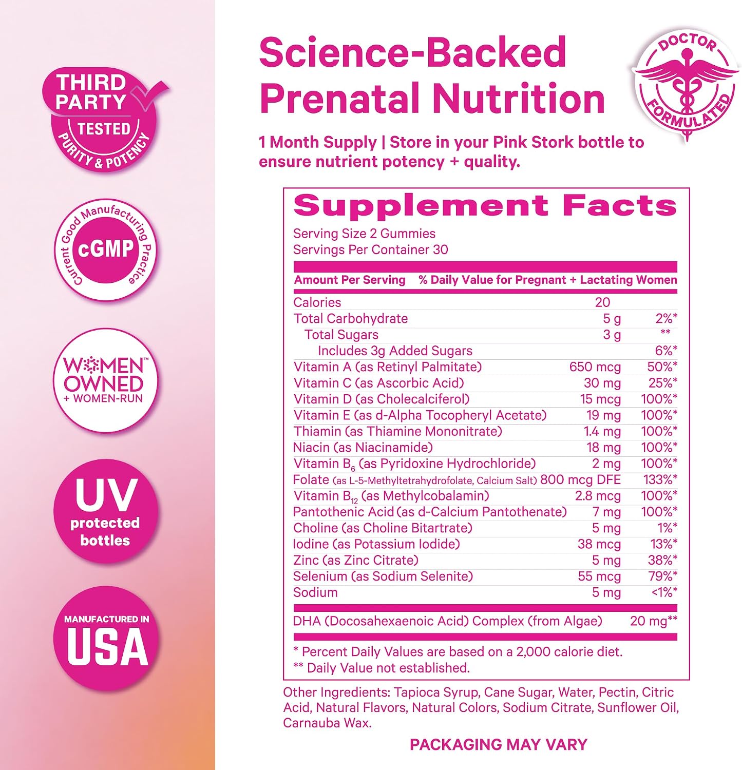 Pink Stork Premium Prenatal Gummy Vitamins - Vegan Algae DHA, Methylated Folate, MTHFR-Friendly - 60 Gummies (30-Day Supply) - görsel 6