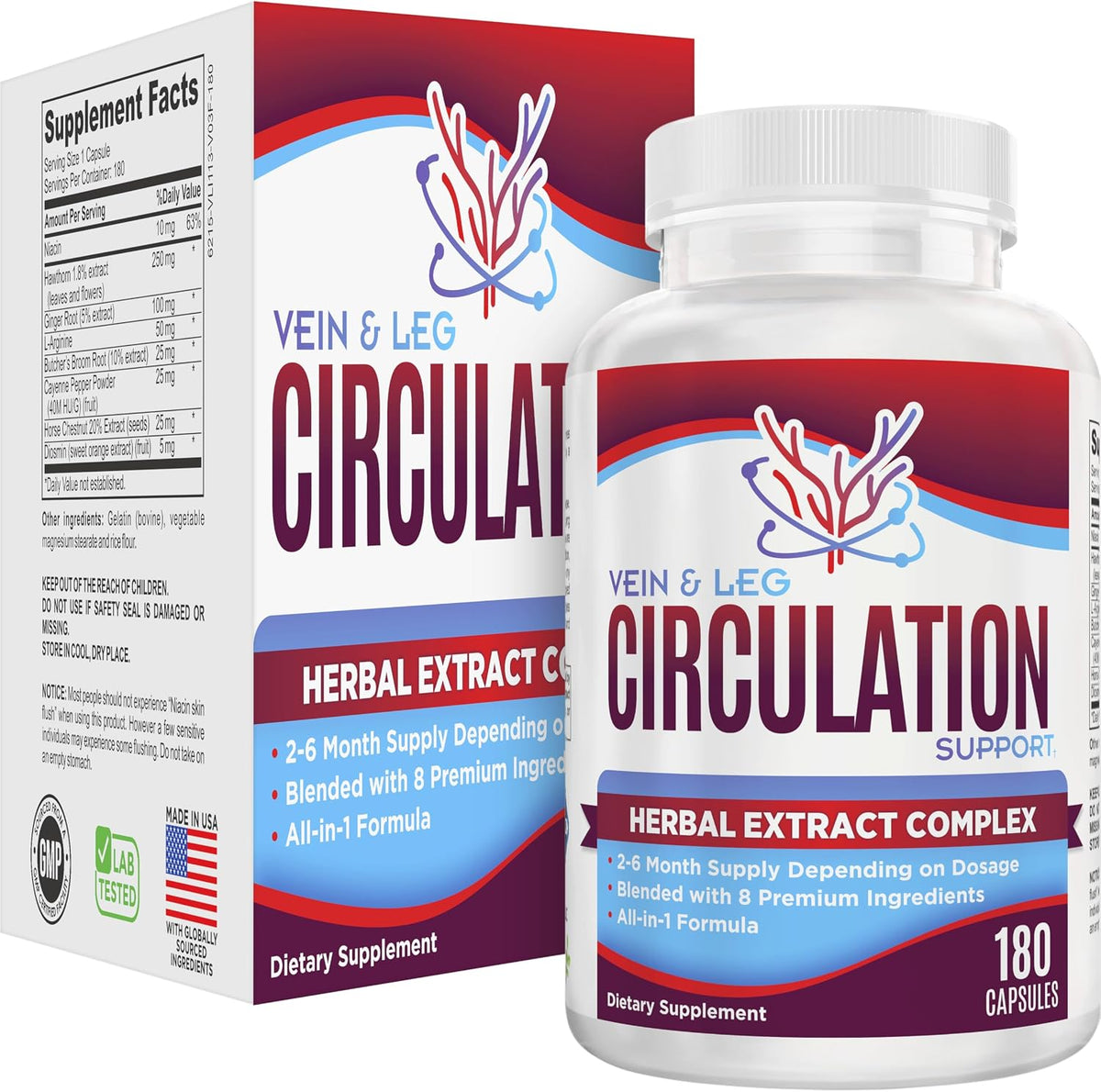Vein & Leg Circulation Supplement, 8-in-1 Formula, 180 Capsules (2-Month Supply) - görsel 1
