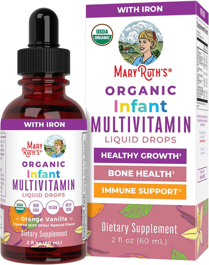 MARYRUTH'S Organics Multivitamin with Iron for Babies | USDA Organic | Liquid Drops for Infants 6–12 Months | Immune Support | Vegan | Non-GMO | Gluten-free | 60 ml