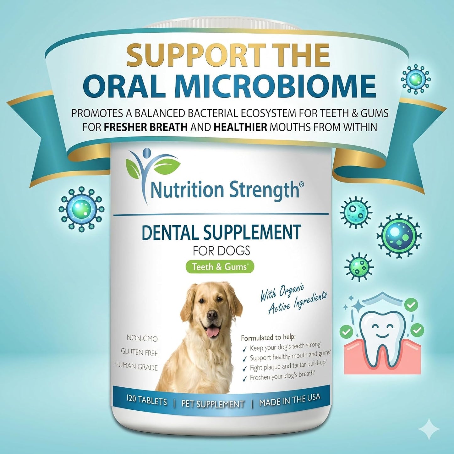 Nutrition Strength Dental Care for Dogs - Natural Plaque and Tartar Remover for Teeth - Breath Freshening Dog Supplement with Organic Kelp, Strawberry Leaf and Pumpkin Seed for Gum Health - 120 Tablets - görsel 4