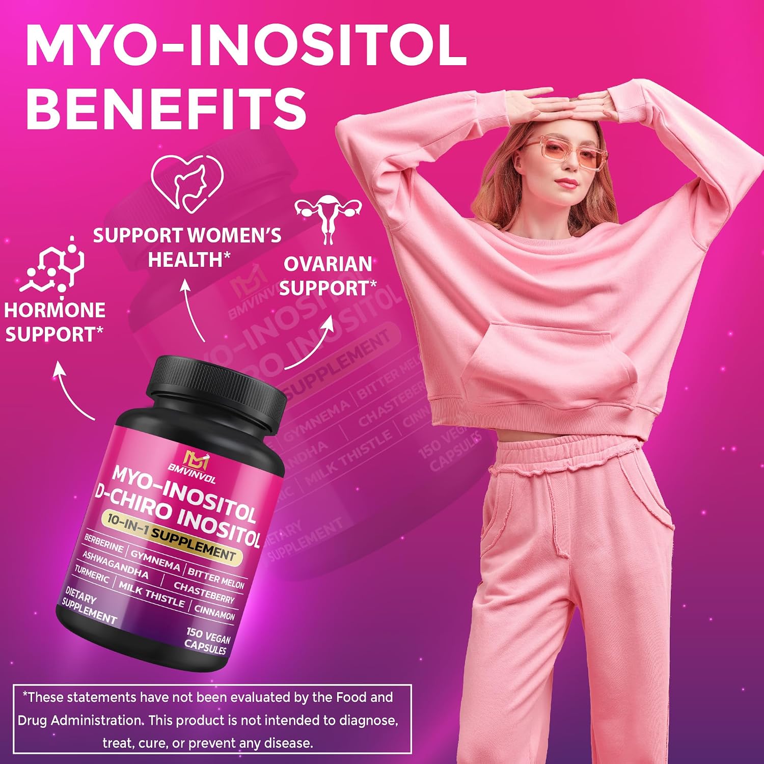 BMVINVOL Inositol Supplement - Myo-Inositol and D-Chiro Inositol Ideal 40:1 Ratio - Plus Berberine, Cinnamon, Ashwagandha + 5 More - 150 Capsules - görsel 4